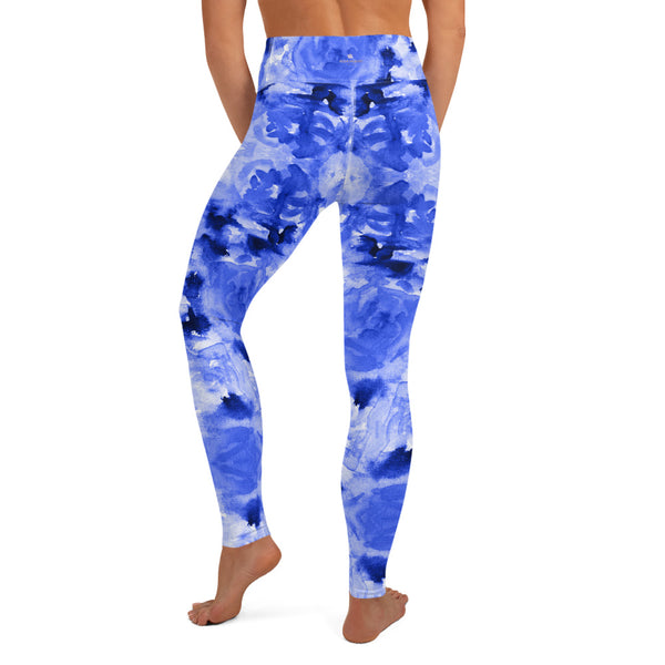 Blue Rose Yoga Leggings, Floral Print Women's Long Tights-Made in USA/EU-Heidi Kimura Art LLC-Heidi Kimura Art LLC