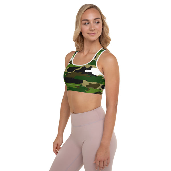 Green White Camo Military Print Women's Padded Workout Sports Bra- Made in USA/EU-Sports Bras-Heidi Kimura Art LLC