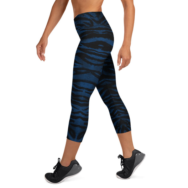 Blue Tiger Striped Capri Leggings, Animal Print Women's Yoga Capri Tights-Made in USA/EU-Capri Yoga Pants-Printful-Heidi Kimura Art LLC