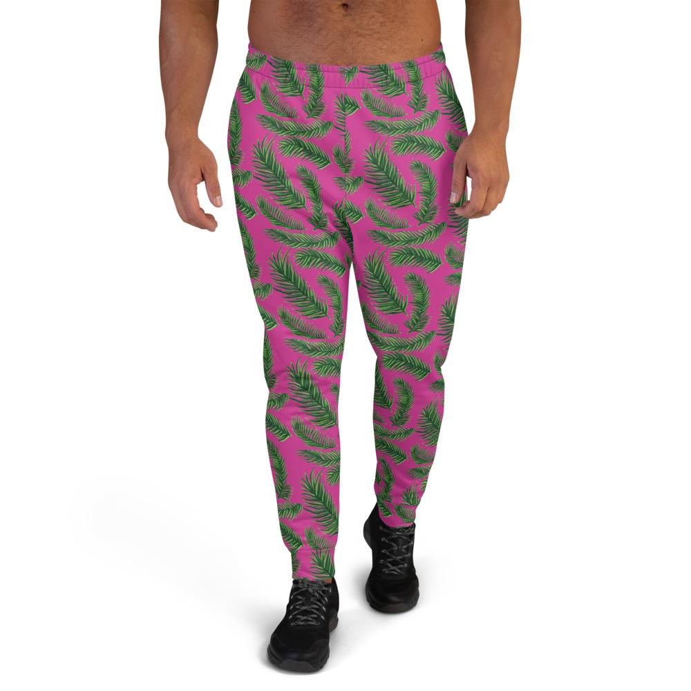 Hot Pink Tropical Green Palm Leaf Floral Print Men's Joggers Sweatpants- Made in EU-Men's Joggers-XS-Heidi Kimura Art LLC