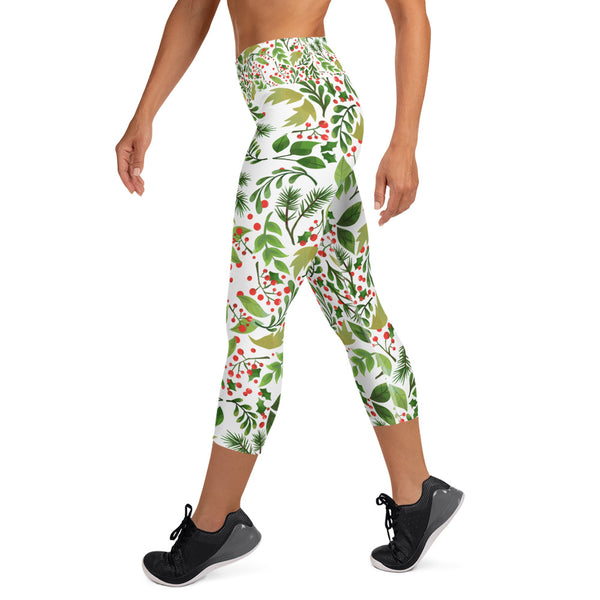 Xmas Floral Green Red White Premium Women's Yoga Capri Leggings- Made in USA-Capri Yoga Pants-Heidi Kimura Art LLC