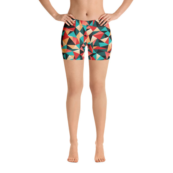 Red Geometric Women's Sports Shorts, Patterned Colorful Ladies Exercise Shorts-Heidikimurart Limited -Heidi Kimura Art LLC Red Geometric Sexy Workout Shorts, Women's Colorful Designer Women's Elastic Stretchy Shorts Short Tights -Made in USA/EU/MX (US Size: XS-3XL) Plus Size Available, Gym Tight Pants, Pants and Tights, Womens Shorts, Short Yoga Pants