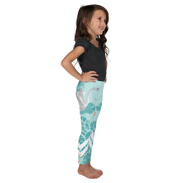 Light Blue Swan Bird Print Premium Cute Kid's Leggings Comfy Pants - Made in USA/EU-Kid's Leggings-Heidi Kimura Art LLC