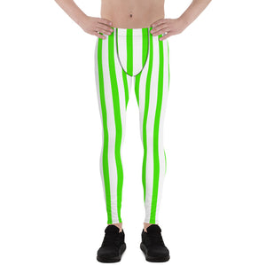 Green & White Stripes Men's Running Leggings & Run Tights Meggings Activewear-Men's Leggings-XS-Heidi Kimura Art LLC