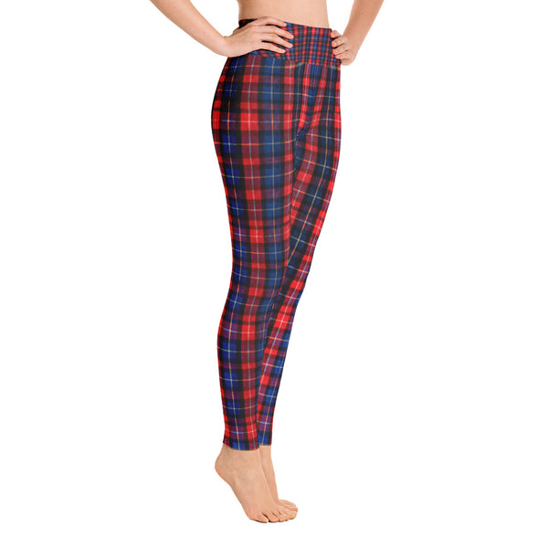 Women's Red Plaid Active Wear Fitted Leggings Sports Long Yoga Pants - Made in USA-Leggings-Heidi Kimura Art LLC Red Blue Plaid Women's Leggings, Women's Red Plaid Active Wear Fitted Leggings Sports Long Yoga & Barre Pants - Made in USA/EU (US Size: XS-XL)