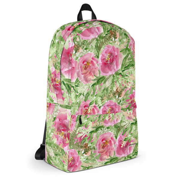 Green Pink Morning Rose Floral Designer Medium Size (Fits 15" Laptop) Backpack Bag-Backpack-Heidi Kimura Art LLC
