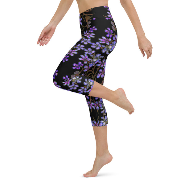 Purple Orchids Yoga Capri Leggings, Floral Print Best Women's Yoga Capri Leggings Pants High Performance Tights- Made in USA/EU (US Size: XS-XL)