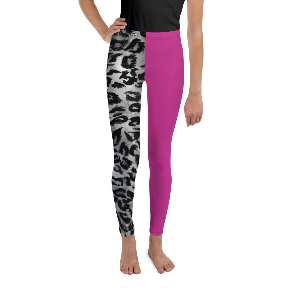 Hybrid Gray Leopard Hot Pink Print Youth Leggings Tights Best Pants- Made in USA/EU-Youth's Leggings-8-Heidi Kimura Art LLC
