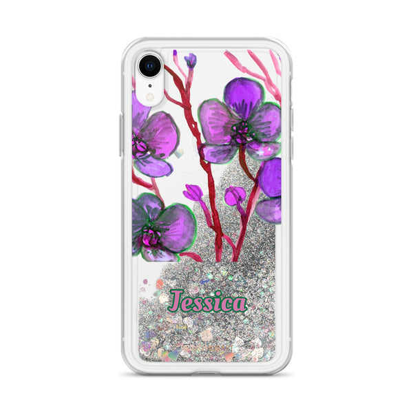 Personalized Orchid Glitter iPhone Case, Floral Print Liquid Glitter Phone Case-Heidi Kimura Art LLC-Silver-iPhone XR-Heidi Kimura Art LLC