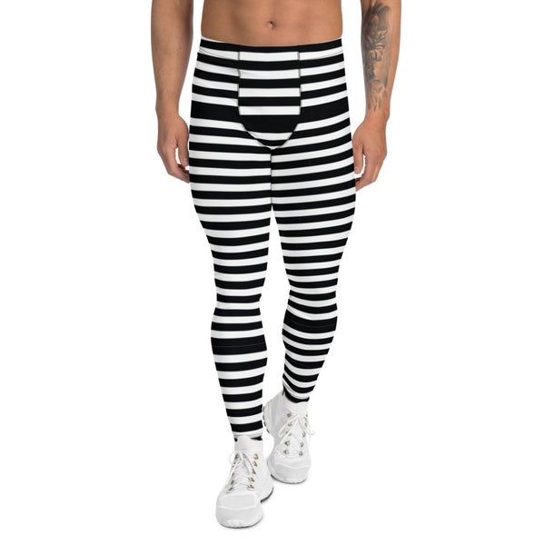 Black White Striped Men's Leggings, Modern Designer Meggings Compression Tights-Heidikimurart Limited -XS-Heidi Kimura Art LLC