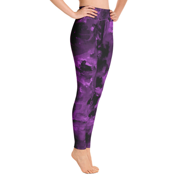 Purple Sweet Rose Floral Ocean Yoga Leggings/ Long Yoga Pants - Made in USA-Leggings-Heidi Kimura Art LLC Purple Floral Women's Leggings, Purple Sweet Rose Floral Print Women's Yoga Leggings/ Long Yoga Pants - Made in USA/EU (US Size: XS-XL)