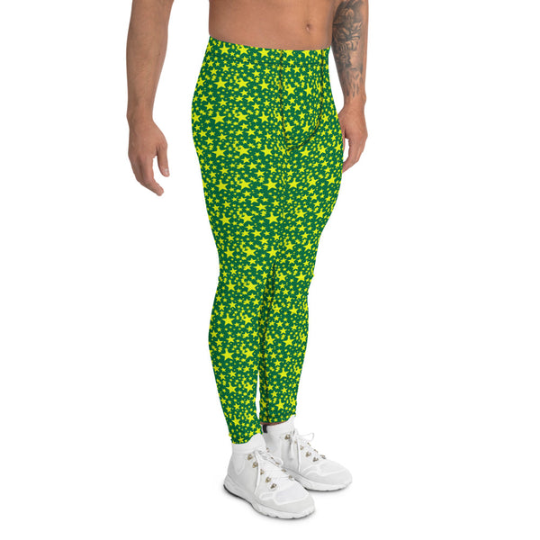 Green Yellow Stars Meggings, Designer Starry Night Men's Leggings-Heidi Kimura Art LLC-Heidi Kimura Art LLC