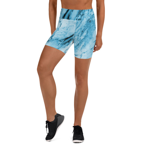 Blue Marble Yoga Shorts, Abstract Print Women's Shorts-Made in USA/EU-Heidi Kimura Art LLC-Heidi Kimura Art LLC