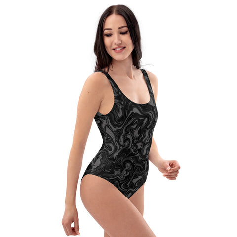 Black Marble Print Swimwear, Luxury 1-Piece Women's Swimwear Bathing Suits, Beach Wear For Ladies - Made in USA/EU (US Size: XS-3XL) Plus Size Available Black Marble Print Women's Swimwear, Best One-Piece Swimsuit-Made in USA/EU-Heidi Kimura Art LLC-Heidi Kimura Art LLC