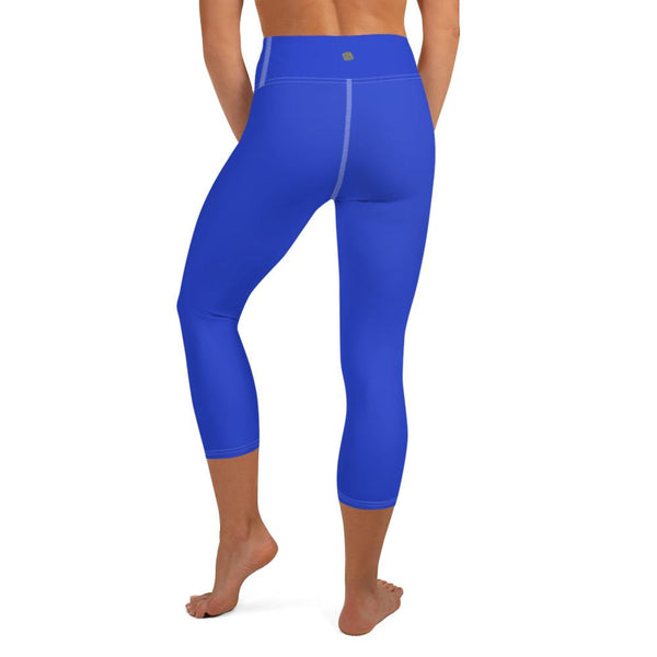 Solid Blue Color Women's Best Yoga Capri Leggings Workout Pants- Made in USA/ EU-Capri Yoga Pants-Heidi Kimura Art LLC