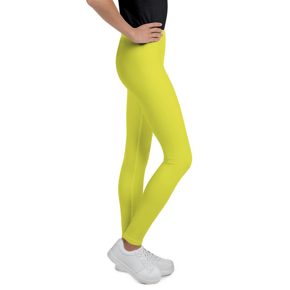 Bright Yellow Youth Leggings, Solid Color Best Youth Gym Compression  Tights- Made in USA/EU