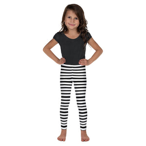 White Black Horizontal Stripe Print Kid's Leggings Elastic Fitness Tights- Made in USA/ EU-Kid's Leggings-2T-Heidi Kimura Art LLC