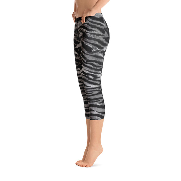 Black Tiger Stripe Animal Skin Print Capri Leggings Casual Activewear - Made in USA-capri leggings-Heidi Kimura Art LLC Black Tiger Stripe Capri Leggings, Black Tiger Stripe Animal Skin Print Capri Leggings Casual Activewear - Made in USA/EU (US Size: XS-XL)