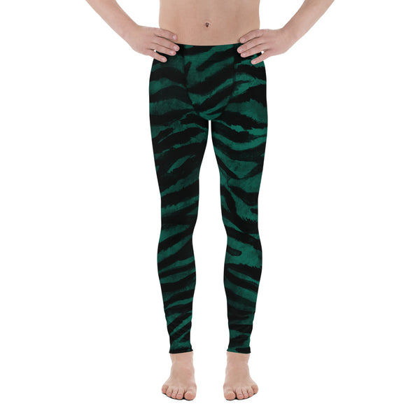 Green Tiger Stripe Men's Leggings, Tiger Animal Print Meggings Tights-Heidi Kimura Art LLC-Heidi Kimura Art LLC