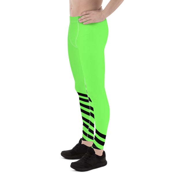 Bright Neon Green Black Diagonal Stripe Print Men's Leggings Meggings-Made in USA/EU-Men's Leggings-Heidi Kimura Art LLC