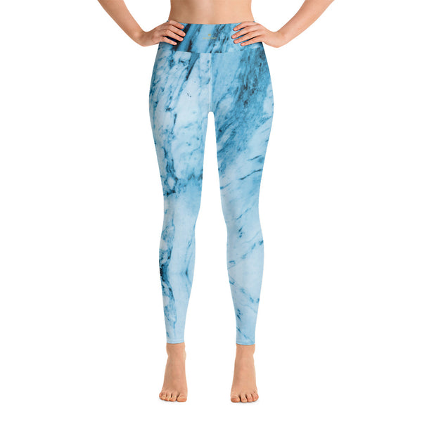 Blue Marble Yoga Leggings, Abstract Print Women's Yoga Pants-Heidi Kimura Art LLC-Heidi Kimura Art LLC