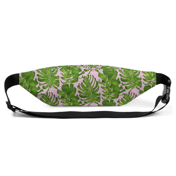 Light Pink Green Tropical Leaf Print Waist Belt Bag Fanny Pack Belt Bag- Made in USA/EU-Fanny Pack-Heidi Kimura Art LLC
