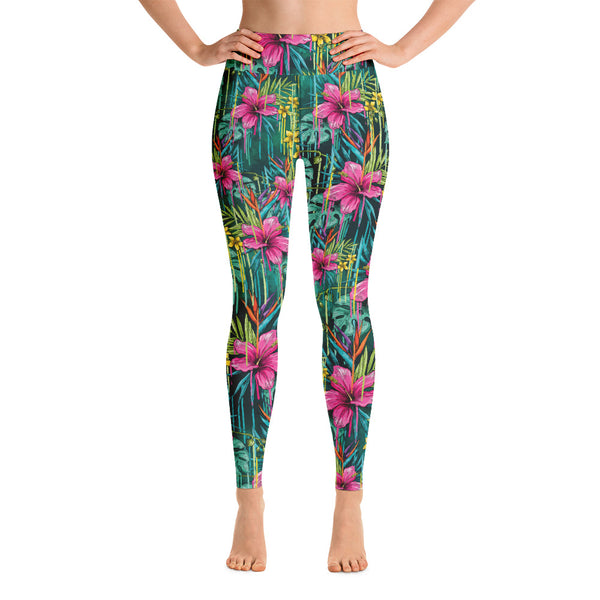 Green Floral Yoga Leggings, Tropical Leaf Print Women's Tights-Made in USA/EU-Heidi Kimura Art LLC-Heidi Kimura Art LLC