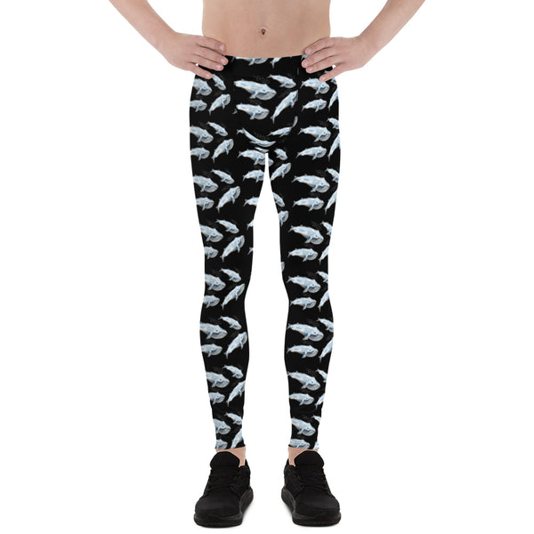 Blue Whale Men's Black Leggings, Marine Fish Compression Tights-Made in USA/EU-Heidikimurart Limited -Heidi Kimura Art LLCBlack Whale Men's Leggings, Men's Watercolor Blue Whale Men's Leggings, Whale Marine Life Men's Modern Meggings, Men's Leggings Tights Pants - Made in USA/EU (US Size: XS-3XL) White Sexy Meggings Men's Workout Gym Tights Leggings