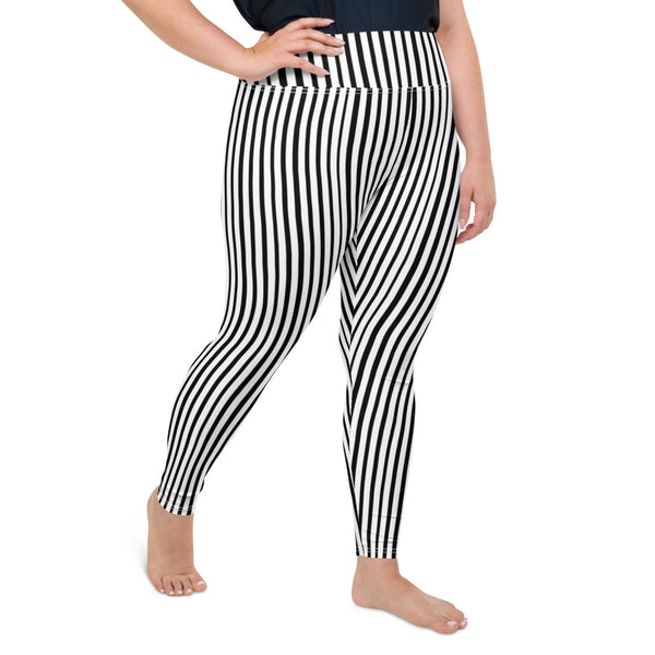 White Black Vertical Stripe Print Women's Best Plus Size Leggings Yoga Pants- Made in USA/EU-Women's Plus Size Leggings-Heidi Kimura Art LLC