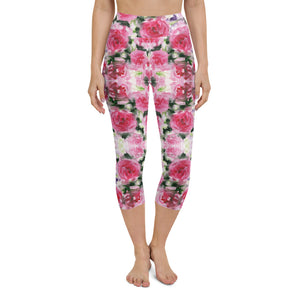 Pink Rose Yoga Capri Leggings-Heidikimurart Limited -XS-Heidi Kimura Art LLC Pink Rose Yoga Capri Leggings, Floral Flower Print Comfy Capri Leggings Yoga Fitness Tight Gym Pants - Made in USA/EU/MX (US Size: XS-XL)
