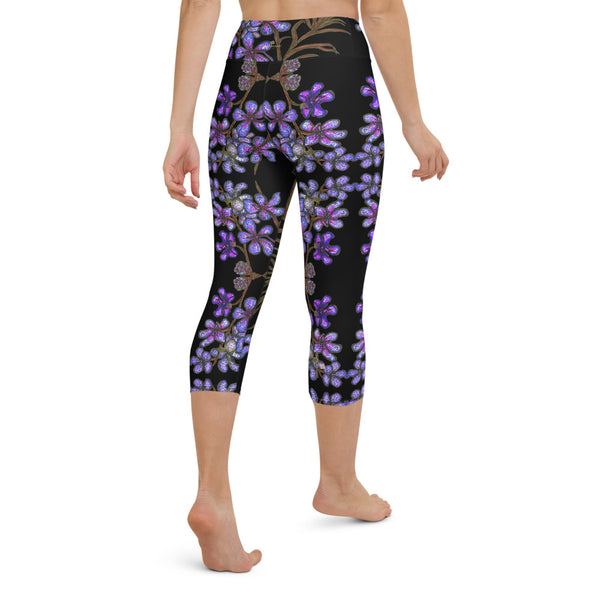 Violet Purple Yoga Capri Leggings, Orchids Floral Print Capris Tights-Made in USA/EU-Heidi Kimura Art LLC-Heidi Kimura Art LLC