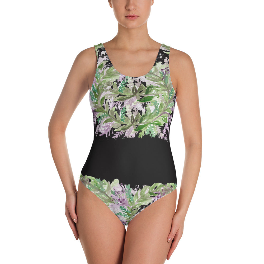 Bright French Lavender Floral Print One-Piece Designer Swimsuit - Made in USA-One-piece swimwear-XS-Heidi Kimura Art LLC