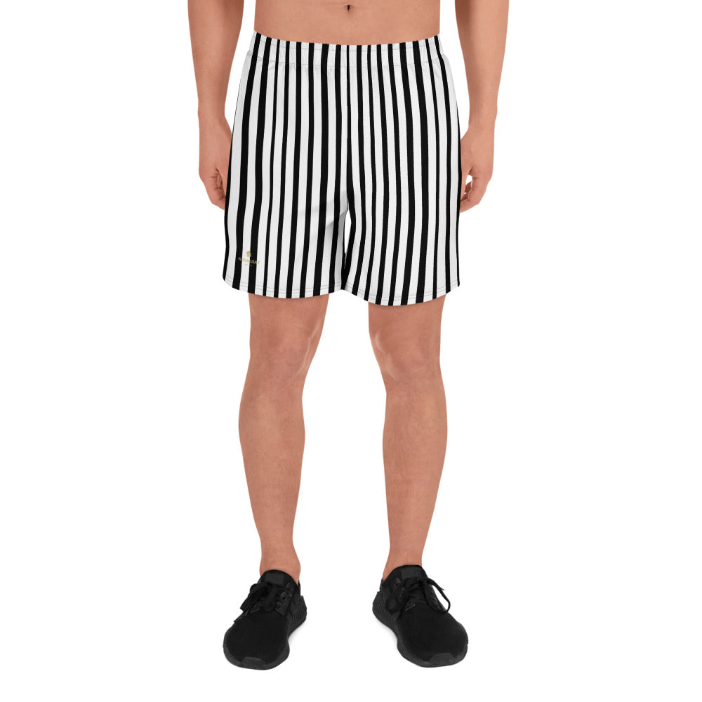 Designer Premium Black White Vertical Stripe Print Men's Athletic Long Shorts-Made in EU-Men's Long Shorts-XS-Heidi Kimura Art LLC