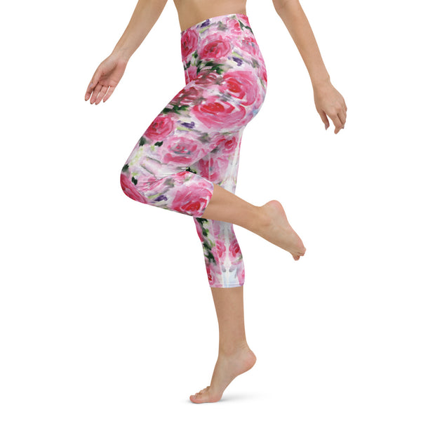 Pink Rose Yoga Capri Leggings-Heidikimurart Limited -Heidi Kimura Art LLC Pink Rose Yoga Capri Leggings, Floral Flower Print Comfy Capri Leggings Yoga Fitness Tight Gym Pants - Made in USA/EU/MX (US Size: XS-XL)