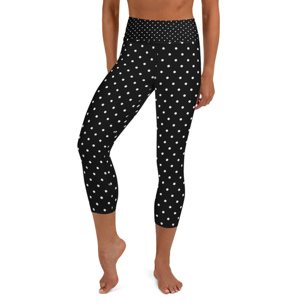 White Dots Women's Capri Leggings, Polka Dots Women's Black Tights-Made in USA/EU-Capri Yoga Pants-XS-Heidi Kimura Art LLC