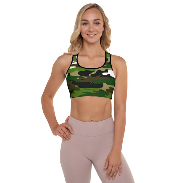 Green White Camo Military Print Women's Padded Workout Sports Bra- Made in USA/EU-Sports Bras-Black-XS-Heidi Kimura Art LLC