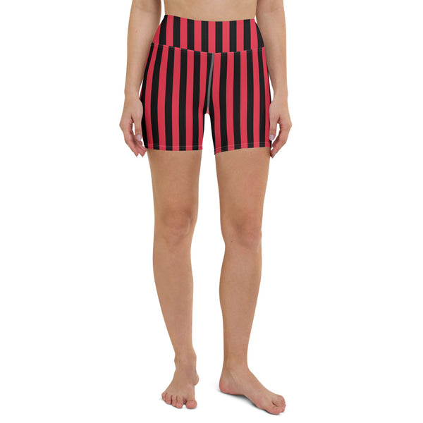 Black Red Striped Yoga Shorts, Circus Vertical Stripes Women's Tights-Made in USA/EU-Heidi Kimura Art LLC-Heidi Kimura Art LLC Black Red Striped Yoga Shorts, Circus Vertical Stripes Modern Classic Premium Quality Women's High Waist Spandex Fitness Workout Yoga Shorts, Yoga Tights, Fashion Gym Quick Drying Short Pants With Pockets - Made in USA (US Size: XS-XL)