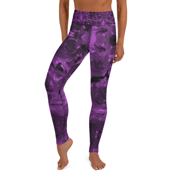 Purple Abstract Yoga Leggings, Floral Long Tights-Made in USA/EU-Heidi Kimura Art LLC-Heidi Kimura Art LLC