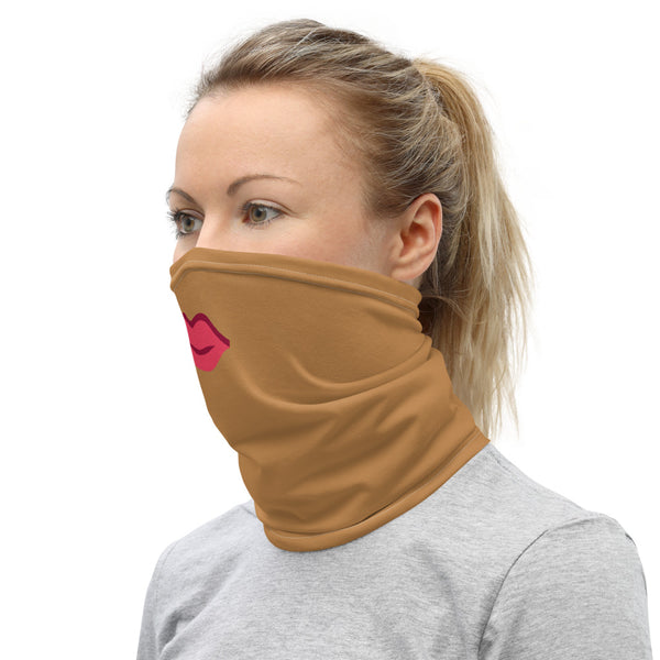 Red Lips Brown Face Mask, Funny Washable Reusable Neck Gaiter-Heidi Kimura Art LLC-Heidi Kimura Art LLC