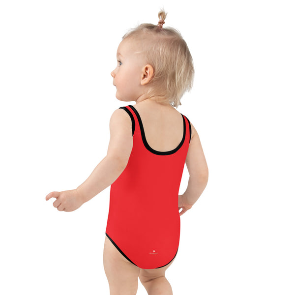 Bright Red Girl's Swimwear, Modern Simple Solid Color Print Girl's Kids Luxury Premium Modern Fashion Swimsuit Swimwear Bathing Suit Children Sportswear- Made in USA/EU (US Size: 2T-7)