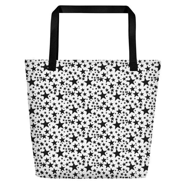 Black Star Pattern Print White Unisex 16"x20" Large Beach Bag With Large Inside Pocket - Made in USA/EU-Beach Tote Bag-Black-Heidi Kimura Art LLC