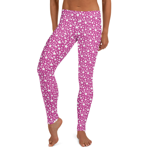 Hot Pink White Star Pattern Print Women's Fancy Dressy Casual Leggings- Made in USA/EU-Casual Leggings-Heidi Kimura Art LLC