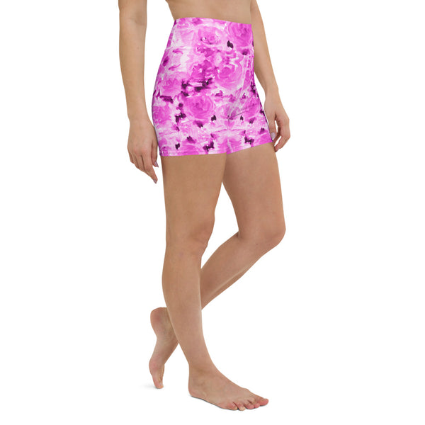 Pink Rose Floral Yoga Shorts, Abstract Flower Print Classic Premium Quality Women's High Waist Spandex Fitness Workout Yoga Shorts, Yoga Tights, Fashion Gym Quick Drying Short Pants With Pockets - Made in USA (US Size: XS-XL)