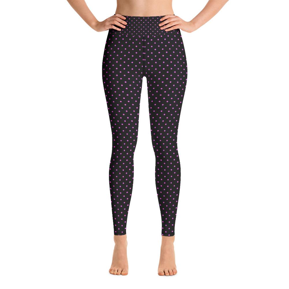 Pink And Black Polka Dots Print Women's Yoga Leggings Workout Pants- Made in USA/EU-Leggings-XS-Heidi Kimura Art LLC Pink Polka Dots Women's Leggings, Pink Black Polka Dots Print Premium Women's Active Wear Fitted Leggings Sports Long Yoga & Barre Pants, Sportswear, Gym Clothes, Workout Pants - Made in USA/EU (US Size: XS-XL)