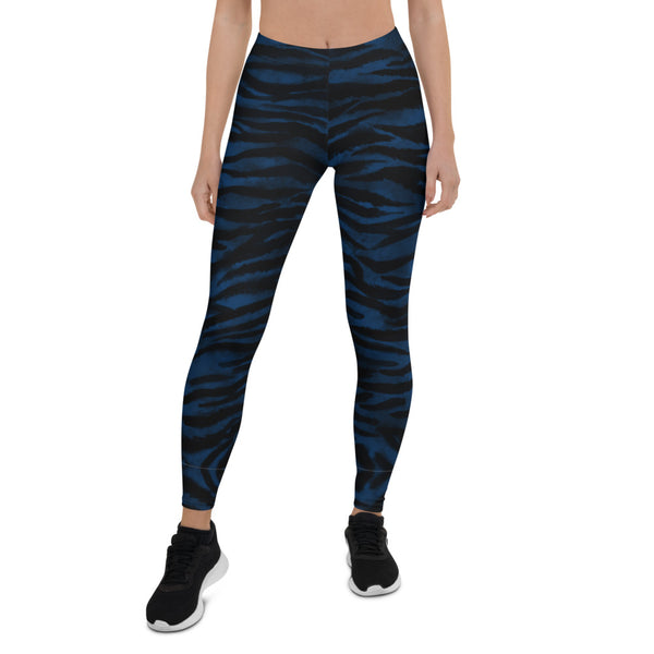 Blue Tiger Striped Women's Leggings-Heidikimurart Limited -Heidi Kimura Art LLC