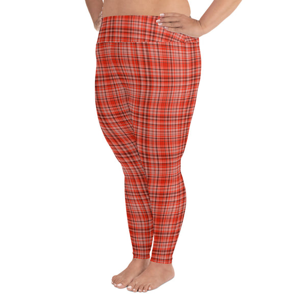 Red Plaid Scottish Tartan Print Women's Long Yoga Pants Plus Size Leggings-Women's Plus Size Leggings-Heidi Kimura Art LLC