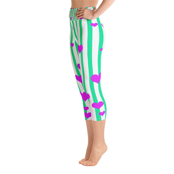 Turquoise Blue Striped Women's Spandex Yoga Capri Pants Leggings With Pockets-Capri Yoga Pants-Heidi Kimura Art LLC