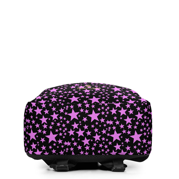 Pink Star Pattern Print Black Minimalist Backpack With Large Inside Pocket- Made in EU-Minimalist Backpack-Heidi Kimura Art LLC