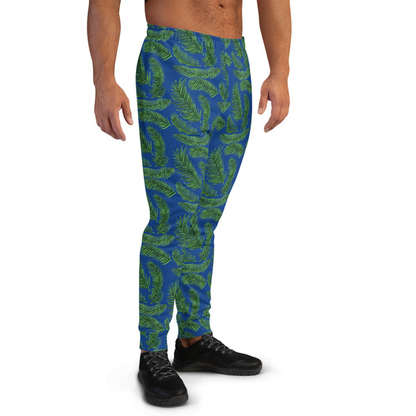 Navy Blue Green Tropical Palm Leaf Print Designer Men's Joggers - Made in EU-Men's Joggers-Heidi Kimura Art LLC