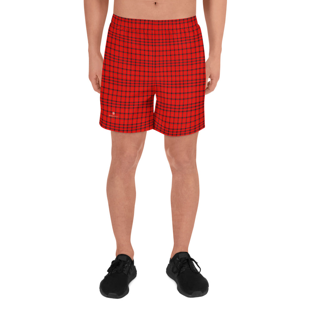 Red Plaid Men's Shorts, Tartan Scottish Style Men's Athletic Long Shorts-Heidi Kimura Art LLC-XS-Heidi Kimura Art LLC Red Plaid Print Shorts, Traditional Preppy Tartan Plaid Print Men's Athletic Best Long Shorts- Made in EU (US Size: XS-3XL)